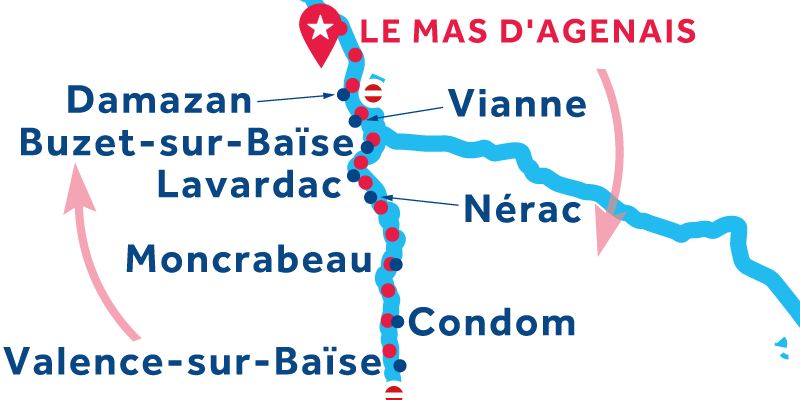 Mapa de navegación de Mas-d'Agenais y vuelta por Valence-sur-Baise