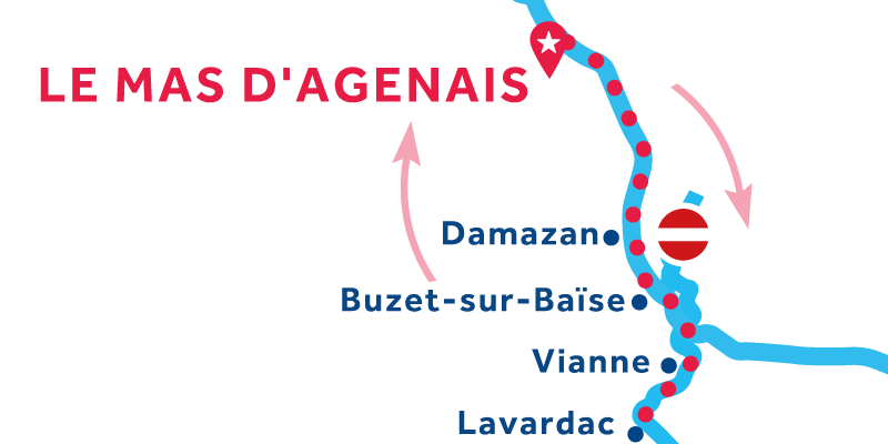 Mapa de navegación del Mas-d'Agenais y vuelta por Buzet-sur-Baise