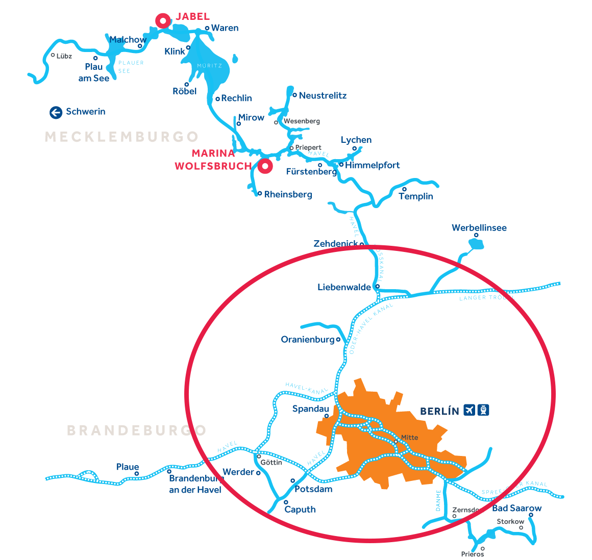 Mapa de la región de navegación en Alemania