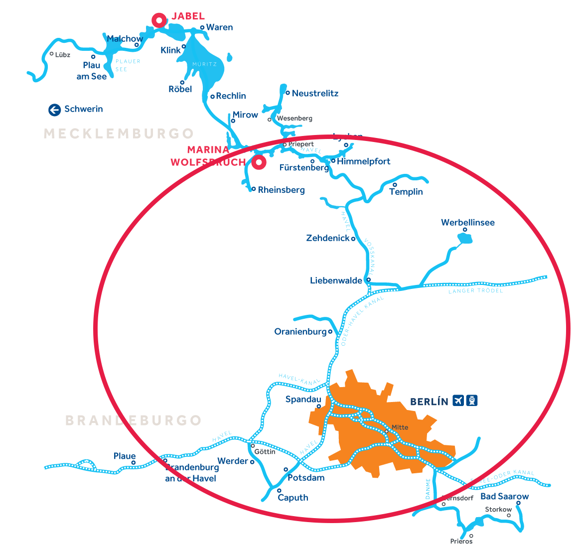 Mapa de la región de navegación de Brandeburgo en Alemania