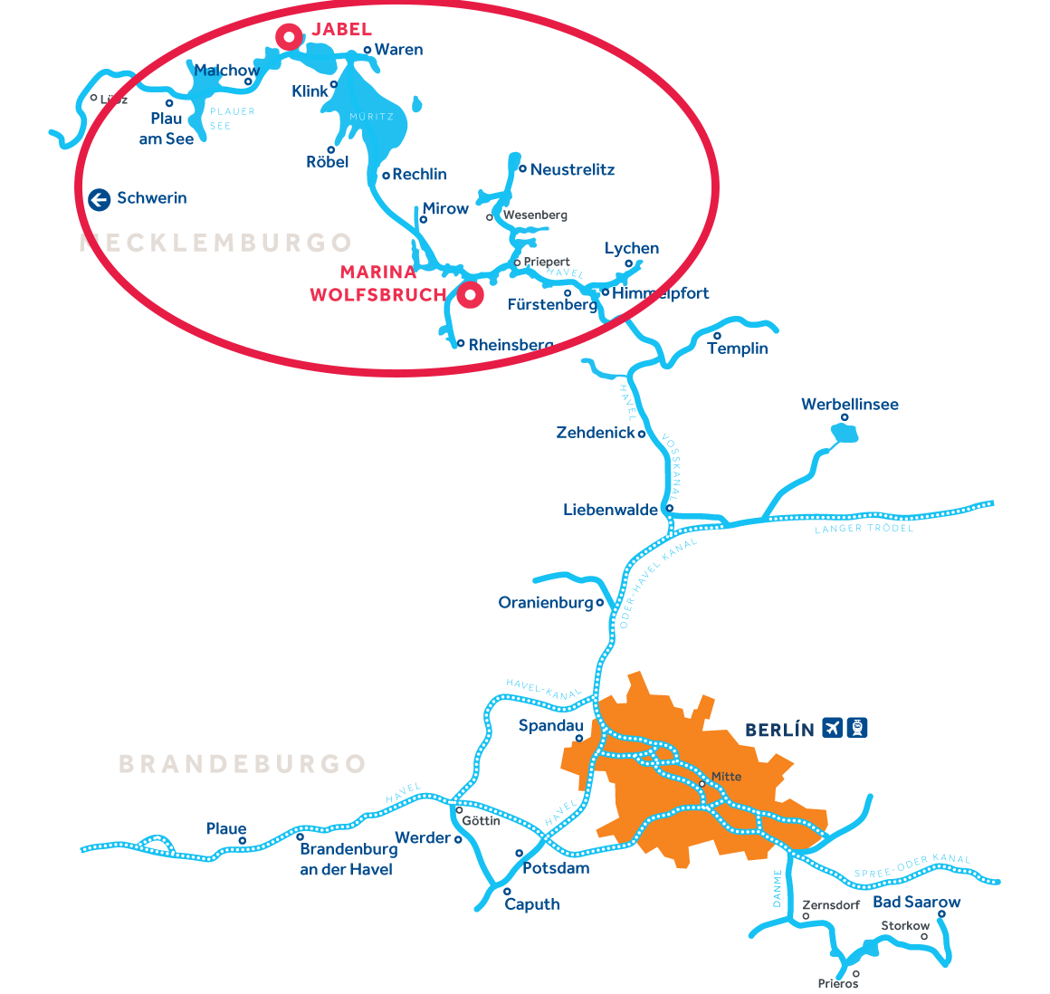 Mapa de la región de navegación de Mecklemburgo en Alemania