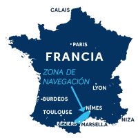 El mapa indica la región de navegación de Camarga en Francia