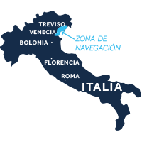 El mapa indica la región de navegación de Venecia y del Friuli en Italia